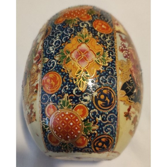 Vintage Chinese Ceramic Eggs Large 5x3" Festive Hand Painted W/ Wooden Pedestal - Picture 11 of 16